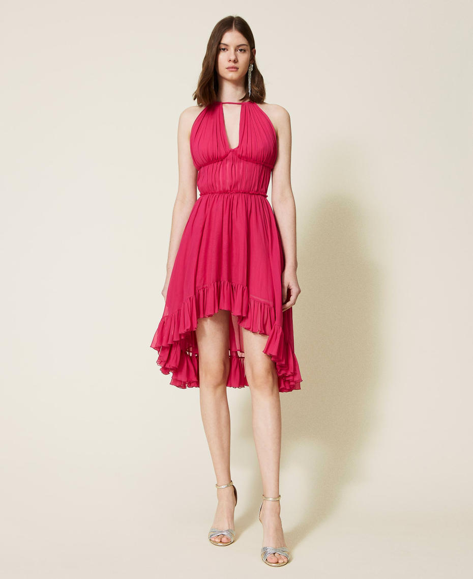 Long pleated georgette dress Shocking Pink Woman 221TT2475-05