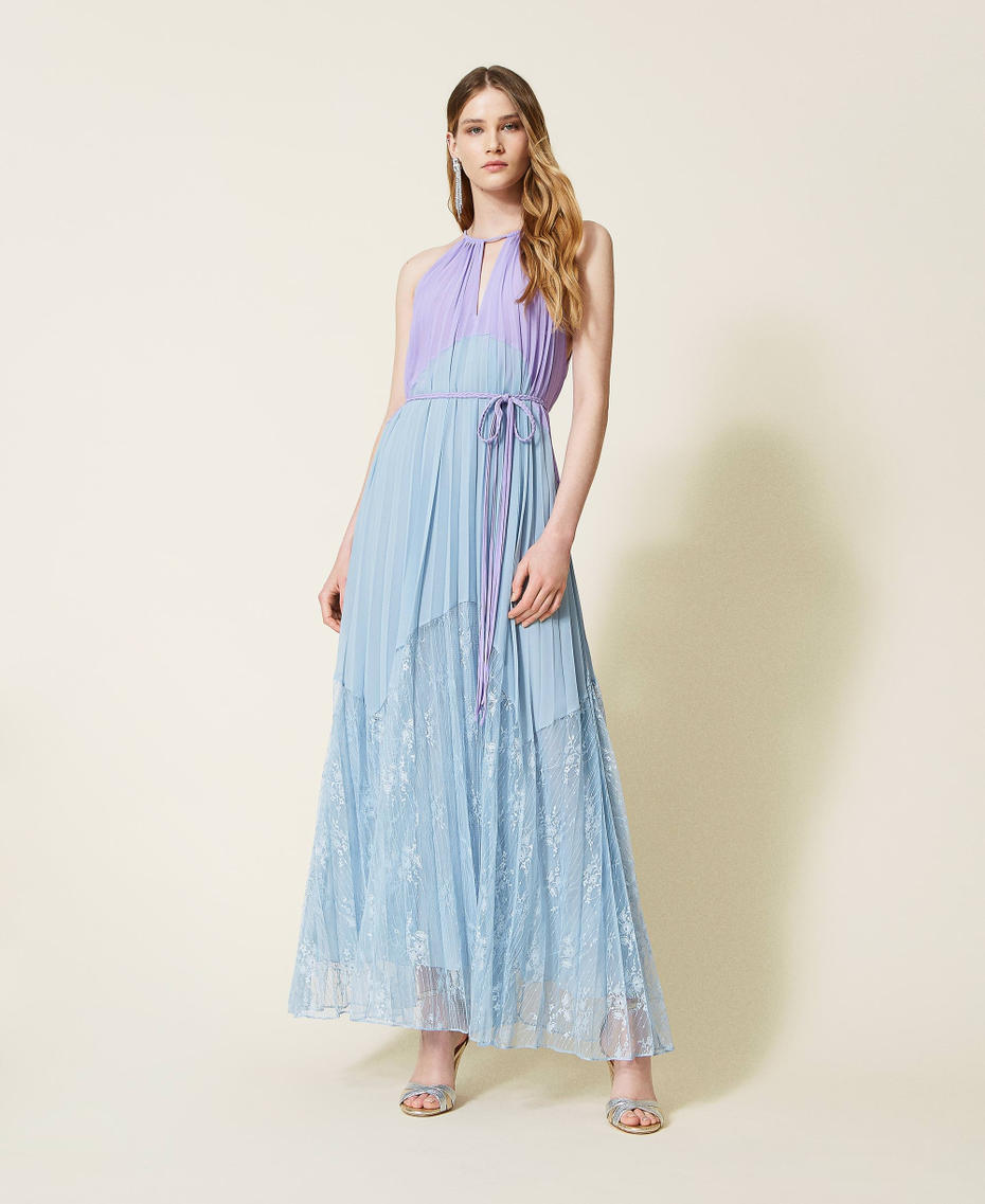 Long pleated georgette and lace dress Two-tone "Ballerina" Purple / “Infinity” Light Blue Woman 221TT2476-01