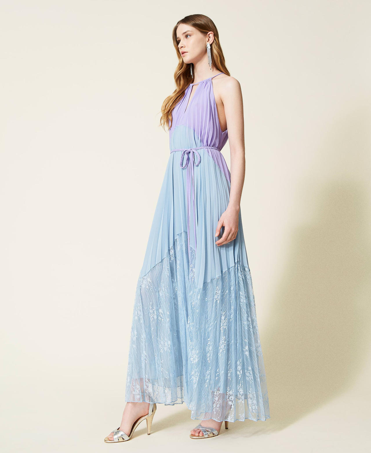 Long pleated georgette and lace dress Two-tone "Ballerina" Purple / “Infinity” Light Blue Woman 221TT2476-02