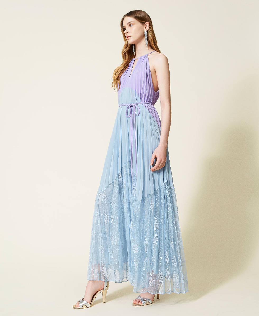 Abito lungo in georgette pliss e pizzo Donna Azzurro TWINSET