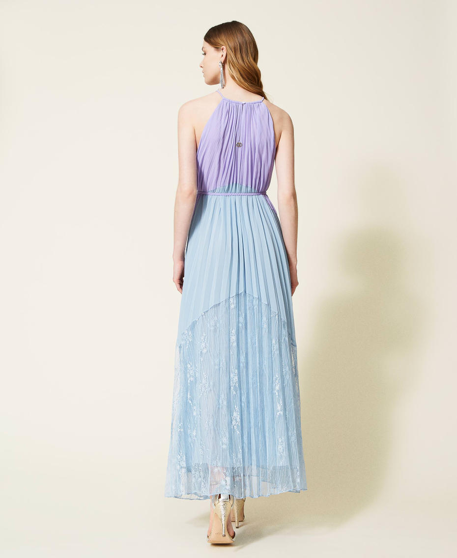 Robe longue en crêpe georgette plissé et dentelle Bicolore Violet « Ballerine »/Bleu Infini Femme 221TT2476-04