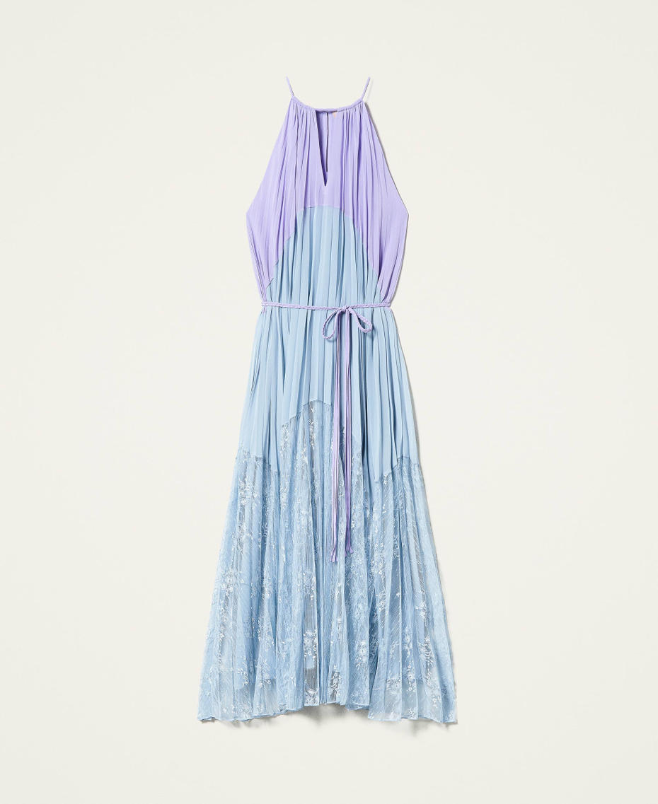 Robe longue en crêpe georgette plissé et dentelle Bicolore Violet « Ballerine »/Bleu Infini Femme 221TT2476-0S