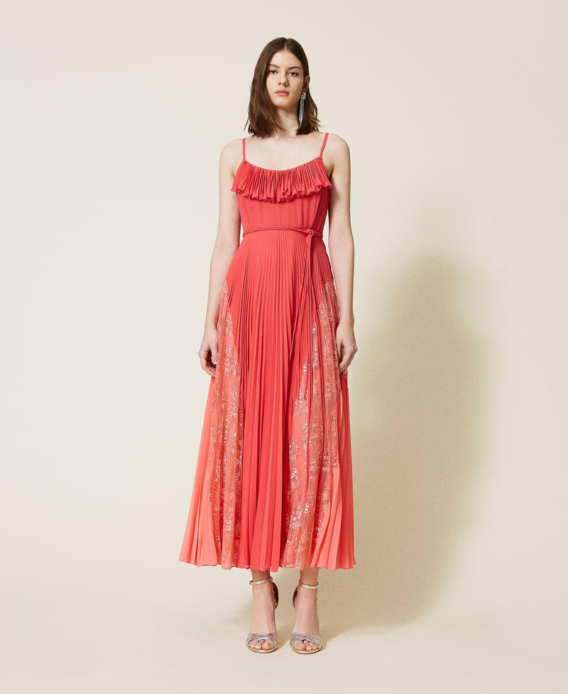 Long georgette dress with ruffles and lace Two-tone "Azalea" Pink / "Ginger Red" Woman 221TT2477-01