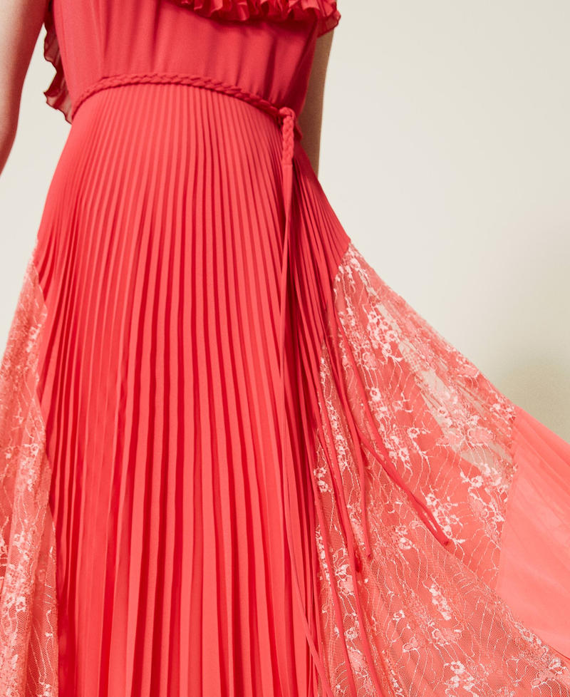 Длинное платье из жоржета с воланом и кружевом Двухцветный Розовый "Азалия" / Красный "Имбирный красный" женщина 221TT2477-05