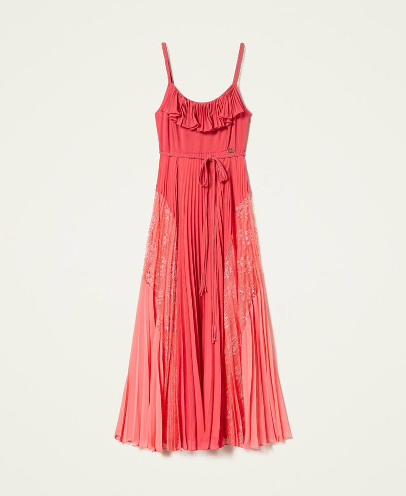 Long georgette dress with ruffles and lace