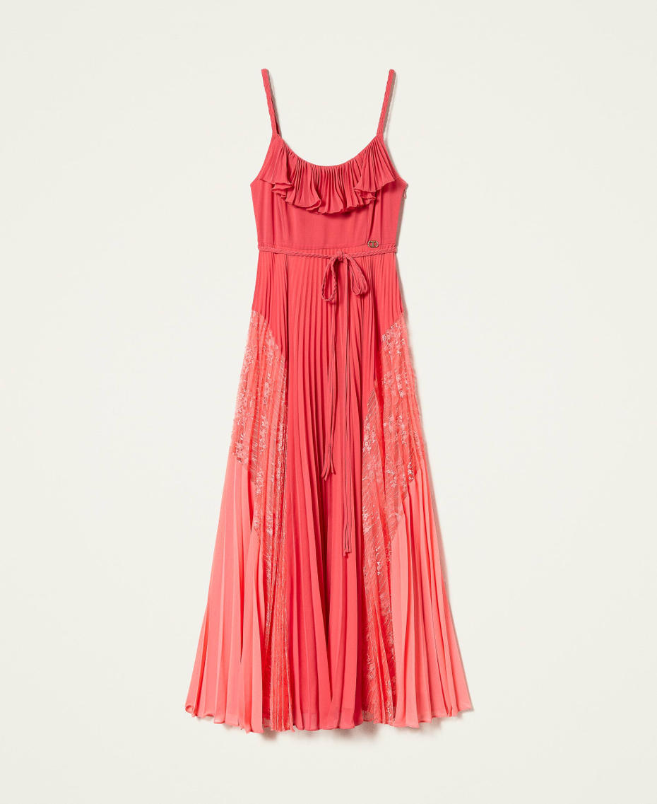 Long georgette dress with ruffles and lace