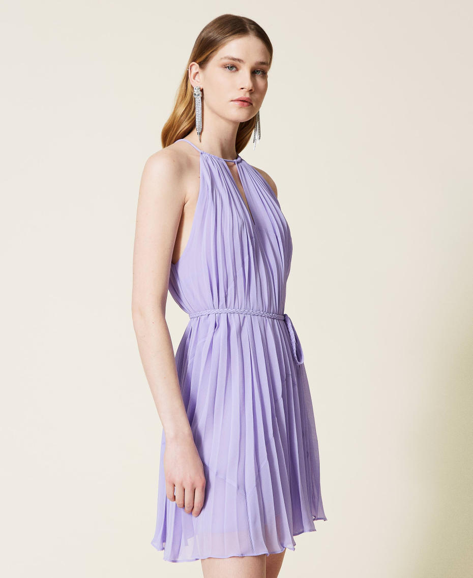 Kurzes Kleid aus Georgette mit Sonnenplissee „Ballerina“-Violett Frau 221TT2479-04