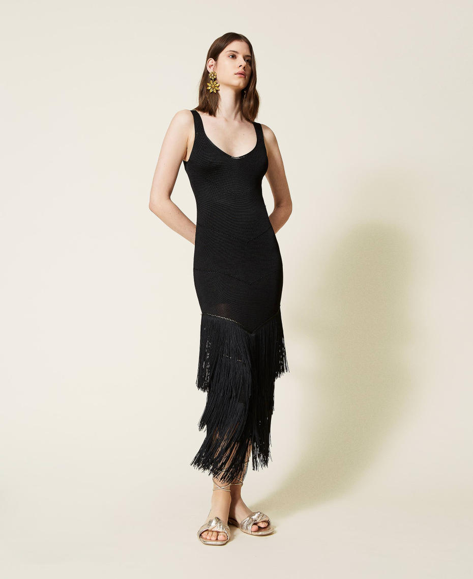 Long knitted dress with fringes Black Woman 221TT3012-01