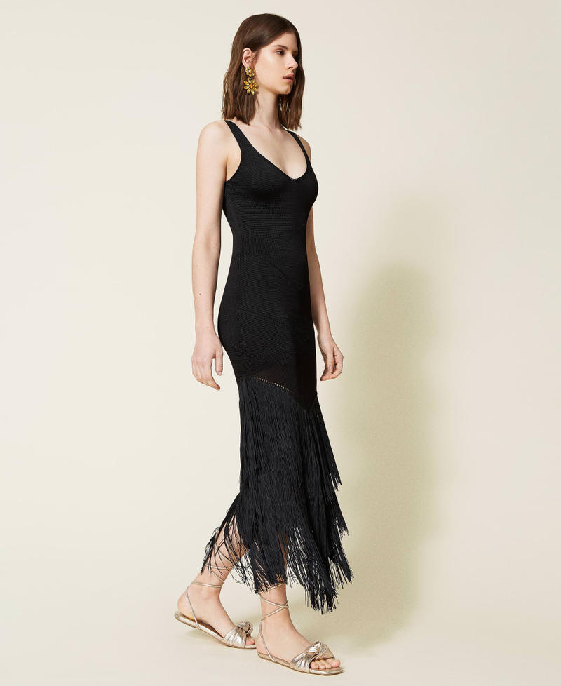 Long knitted dress with fringes Black Woman 221TT3012-02