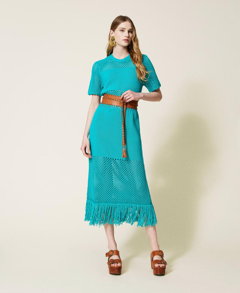 Long knit dress with mesh and fringes "Tropical Green" Woman 221TT3021-01