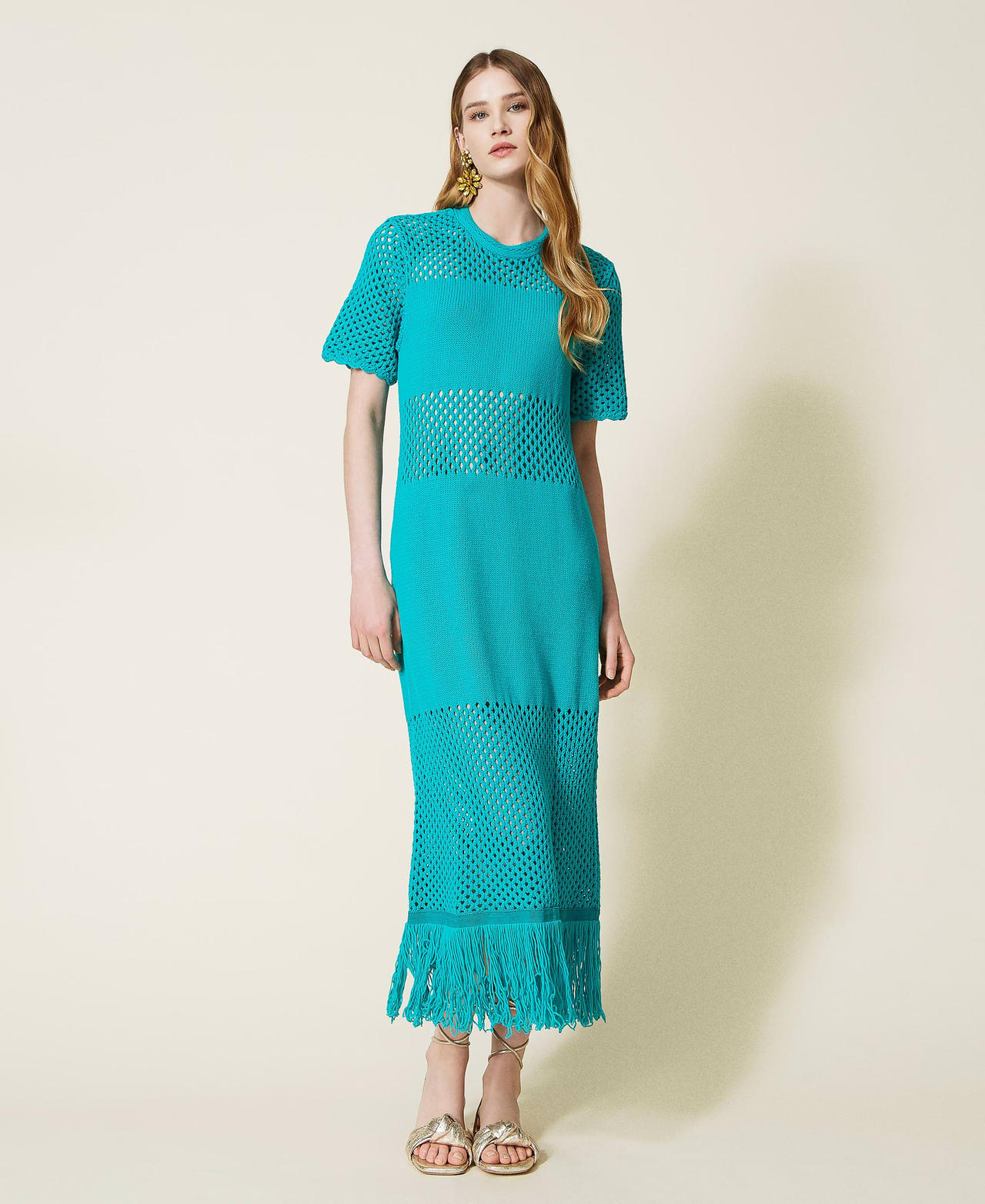 Long knit dress with mesh and fringes "Tropical Green" Woman 221TT3021-02