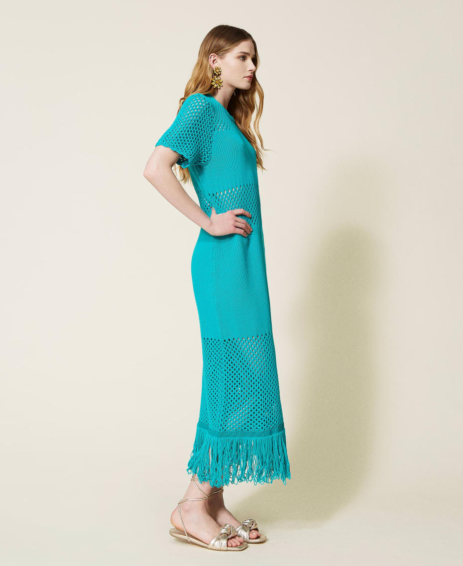 Long knit dress with mesh and fringes "Tropical Green" Woman 221TT3021-03