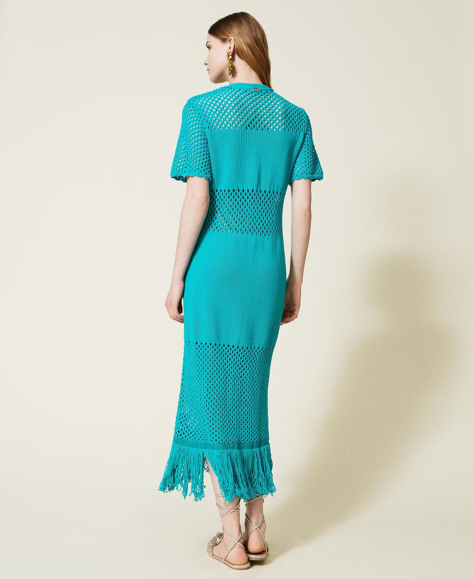 Long knit dress with mesh and fringes "Tropical Green" Woman 221TT3021-04