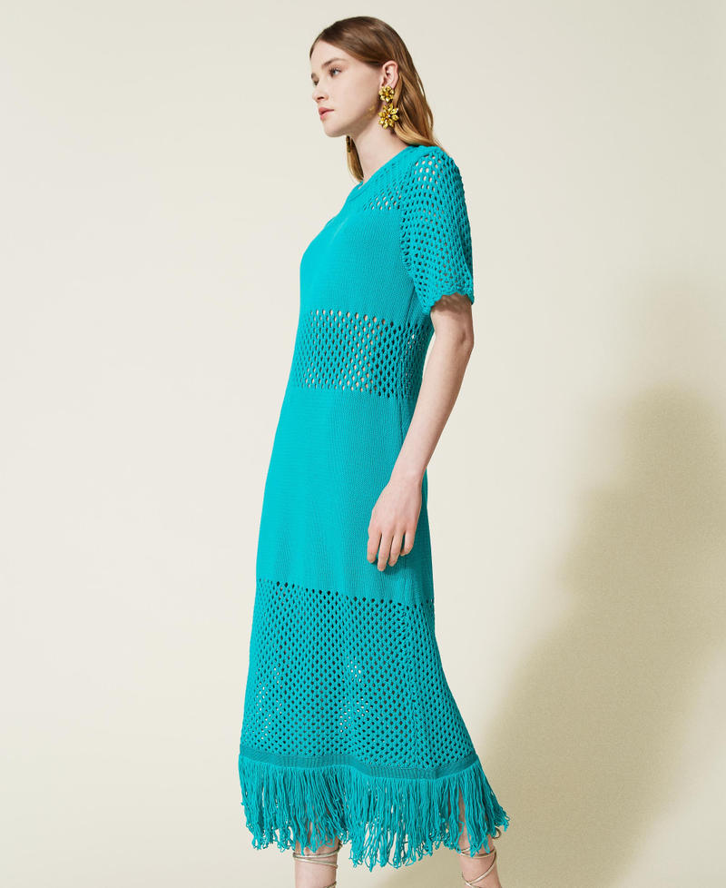 Длинное трикотажное платье с сеткой и бахромой Зеленый "Тропический зеленый" женщина 221TT3021-05