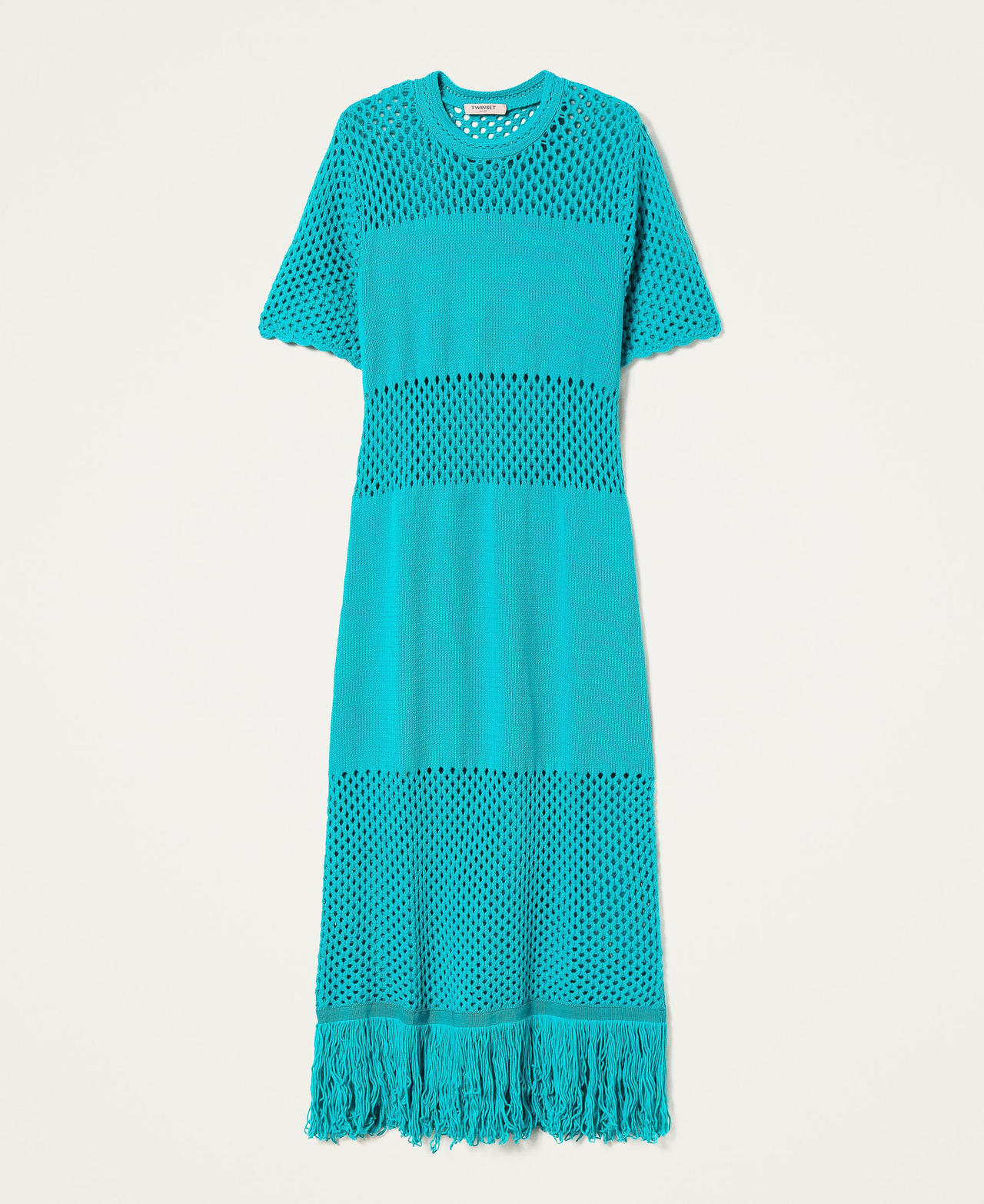 Длинное трикотажное платье с сеткой и бахромой Зеленый "Тропический зеленый" женщина 221TT3021-0S