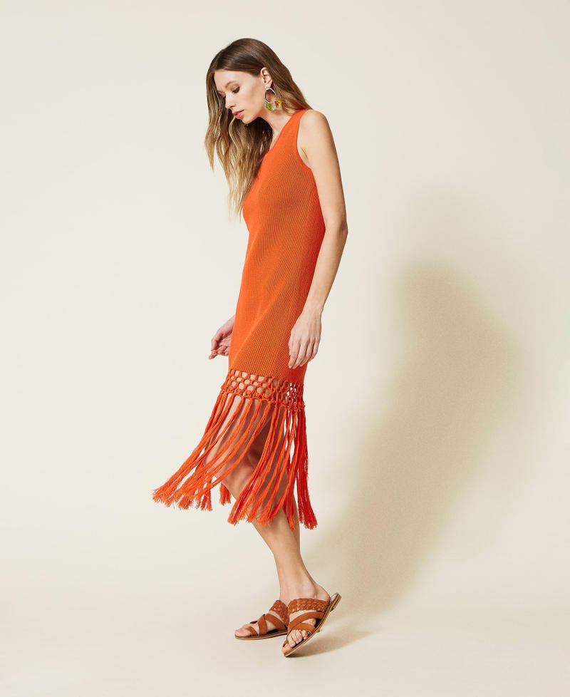 Midi knit dress with fringes "Cherry Tomato” Orange Woman 221TT3110-01