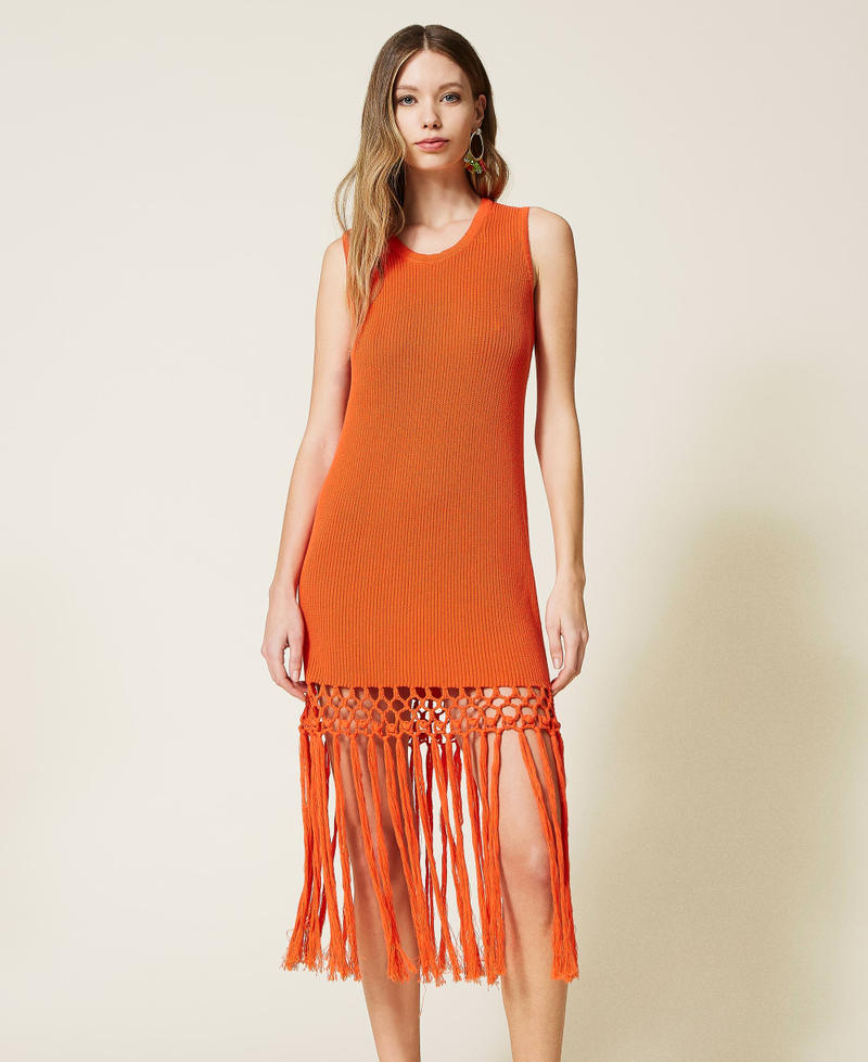 Midi knit dress with fringes "Cherry Tomato” Orange Woman 221TT3110-02