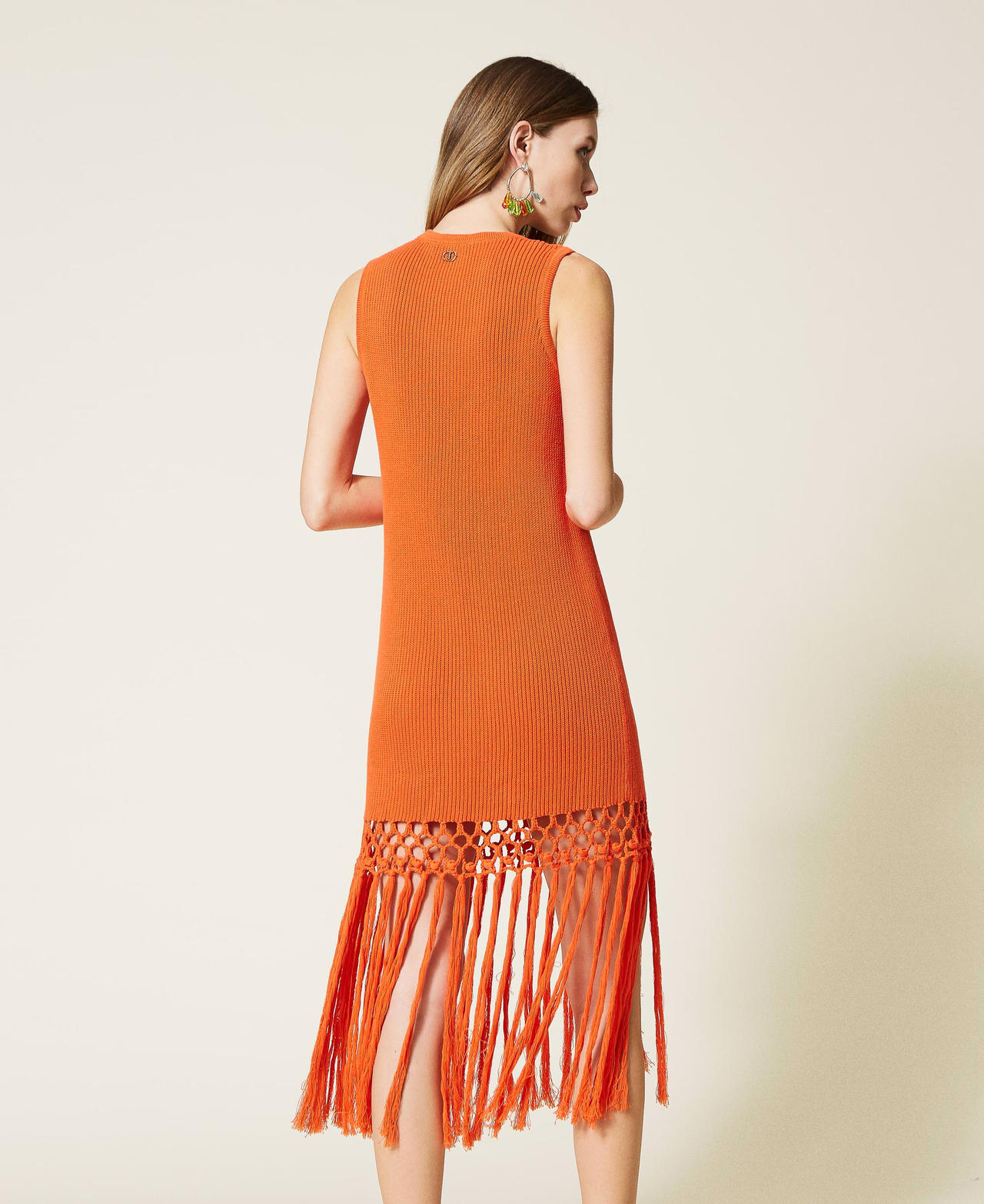Midi knit dress with fringes "Cherry Tomato” Orange Woman 221TT3110-03