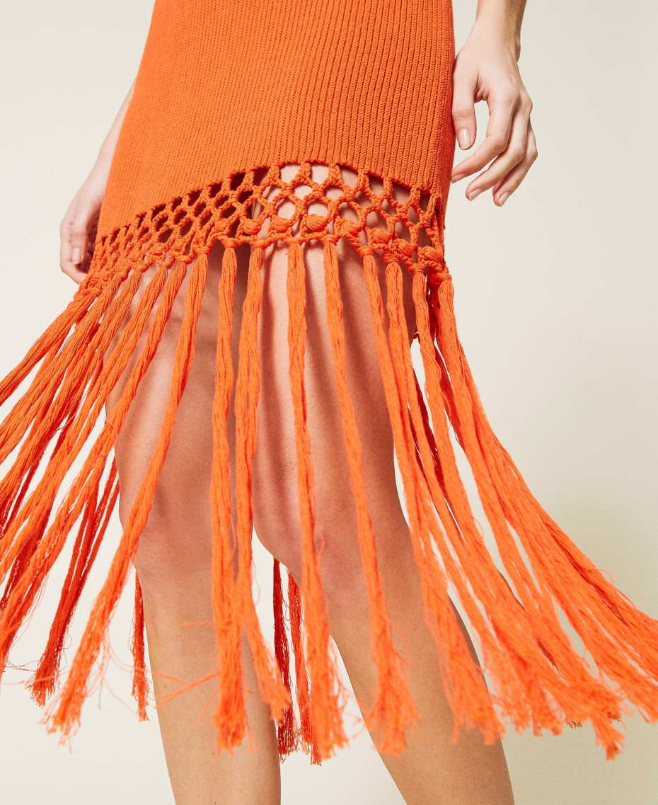Midi knit dress with fringes "Cherry Tomato” Orange Woman 221TT3110-04