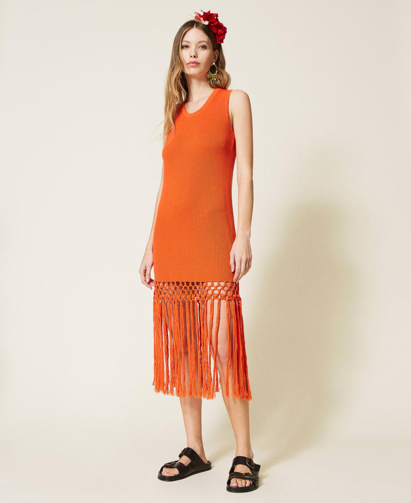 Midi knit dress with fringes "Cherry Tomato” Orange Woman 221TT3110-05