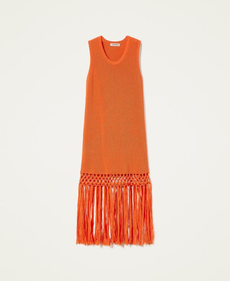 Midi knit dress with fringes "Cherry Tomato” Orange Woman 221TT3110-0S