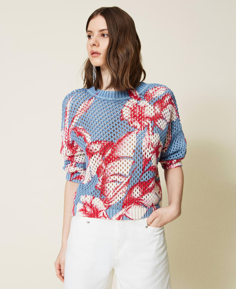 Printed mesh jumper-cardigan “Infinity” Light Blue /”Snow” White Hibiscus Print Woman 221TT3201-05