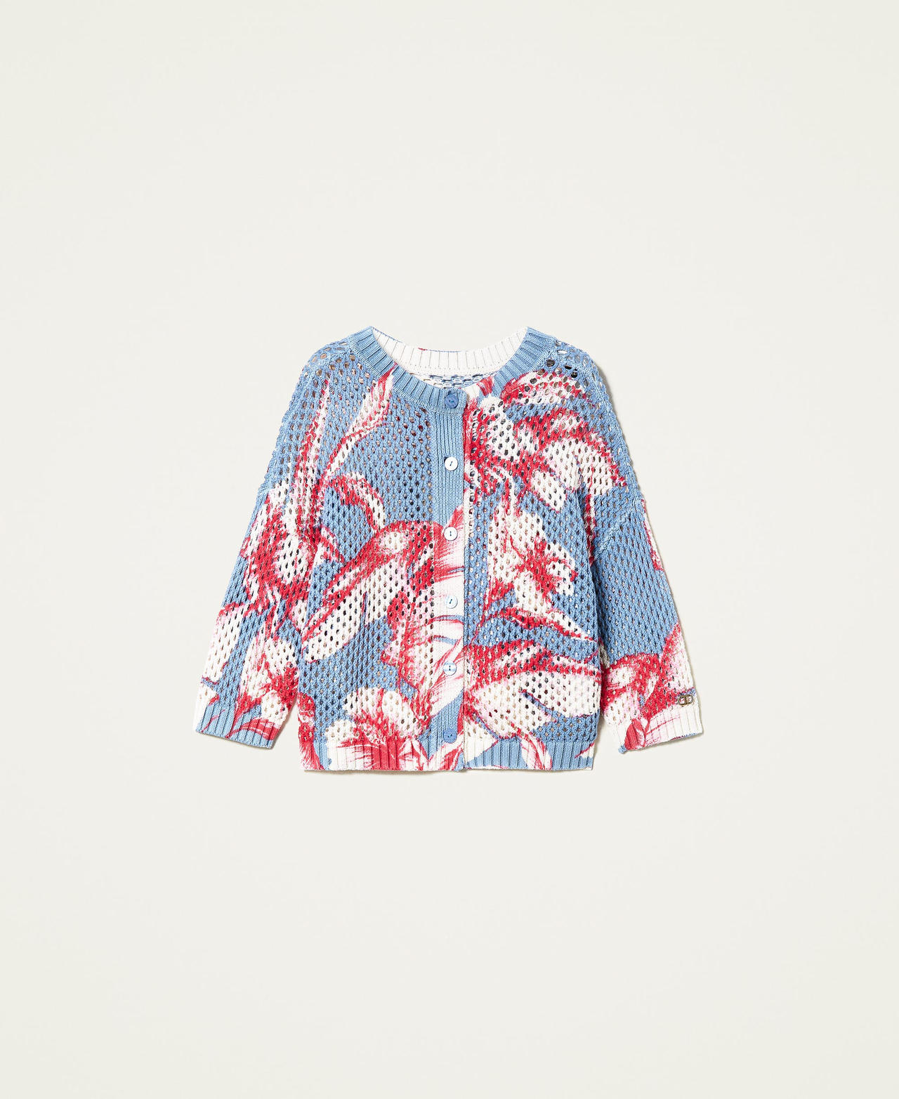 Printed mesh jumper-cardigan “Infinity” Light Blue /”Snow” White Hibiscus Print Woman 221TT3201-0S