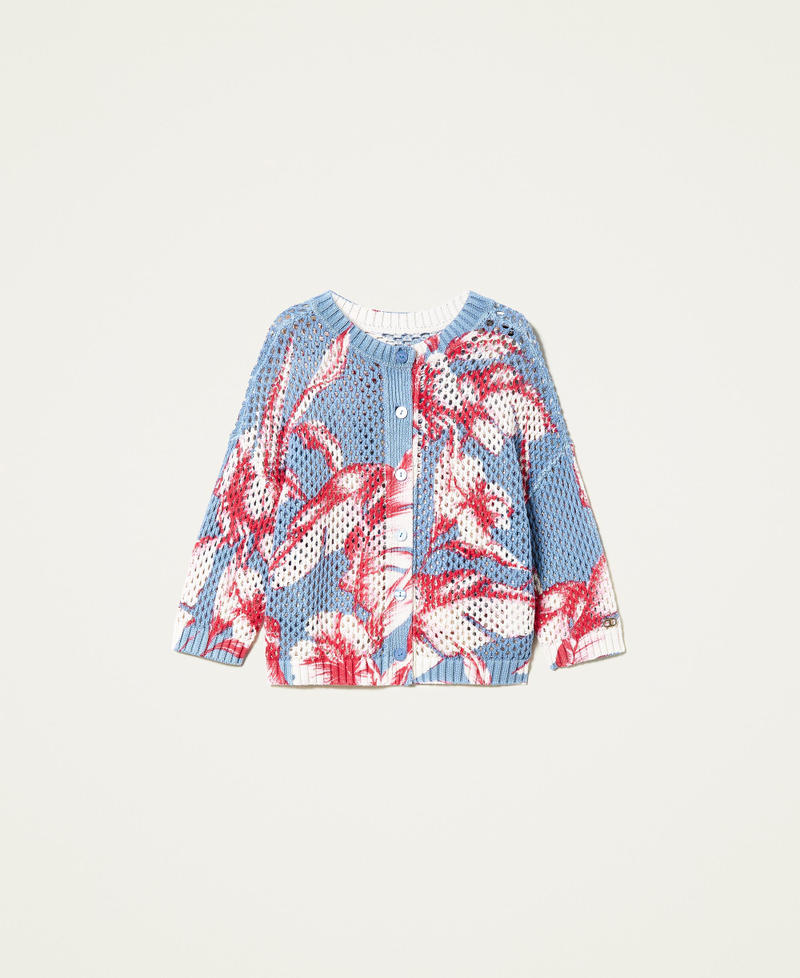 Bedruckter Cardigan-Pullover mit Netzmuster Hibiskusprint Unendlichkeits-Azur / Schneeweiß Frau 221TT3201-0S