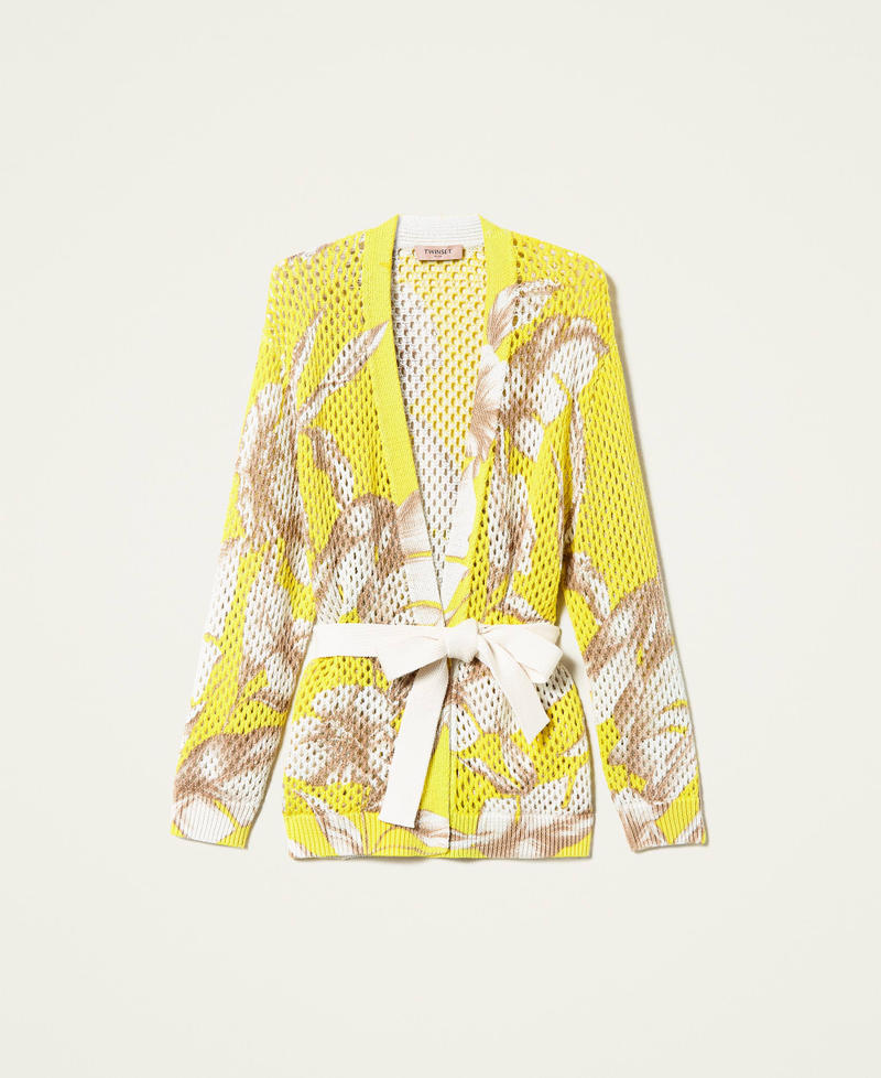 Printed mesh cardigan Yellow / “Snow” White Hibiscus Print Woman 221TT3230-0S