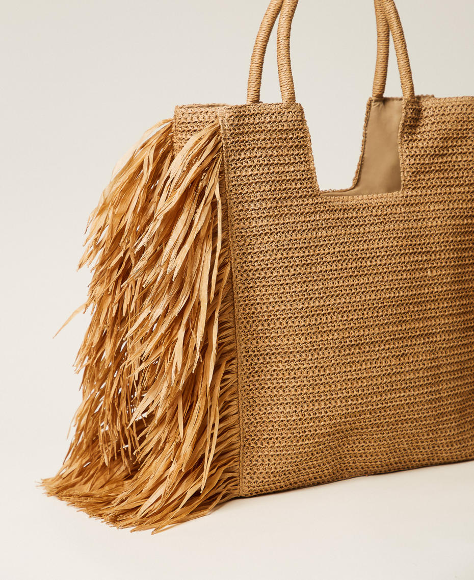 Bolso shopper de rafia con flecos laterales Paja Mujer 261LM8ABB_00193_03