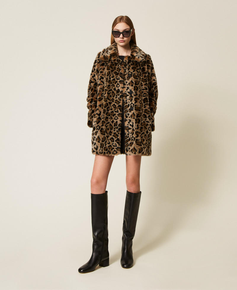Animal print faux fur coat Black/Coffee Animal Print Jacquard Woman 252TP2110_12779_01