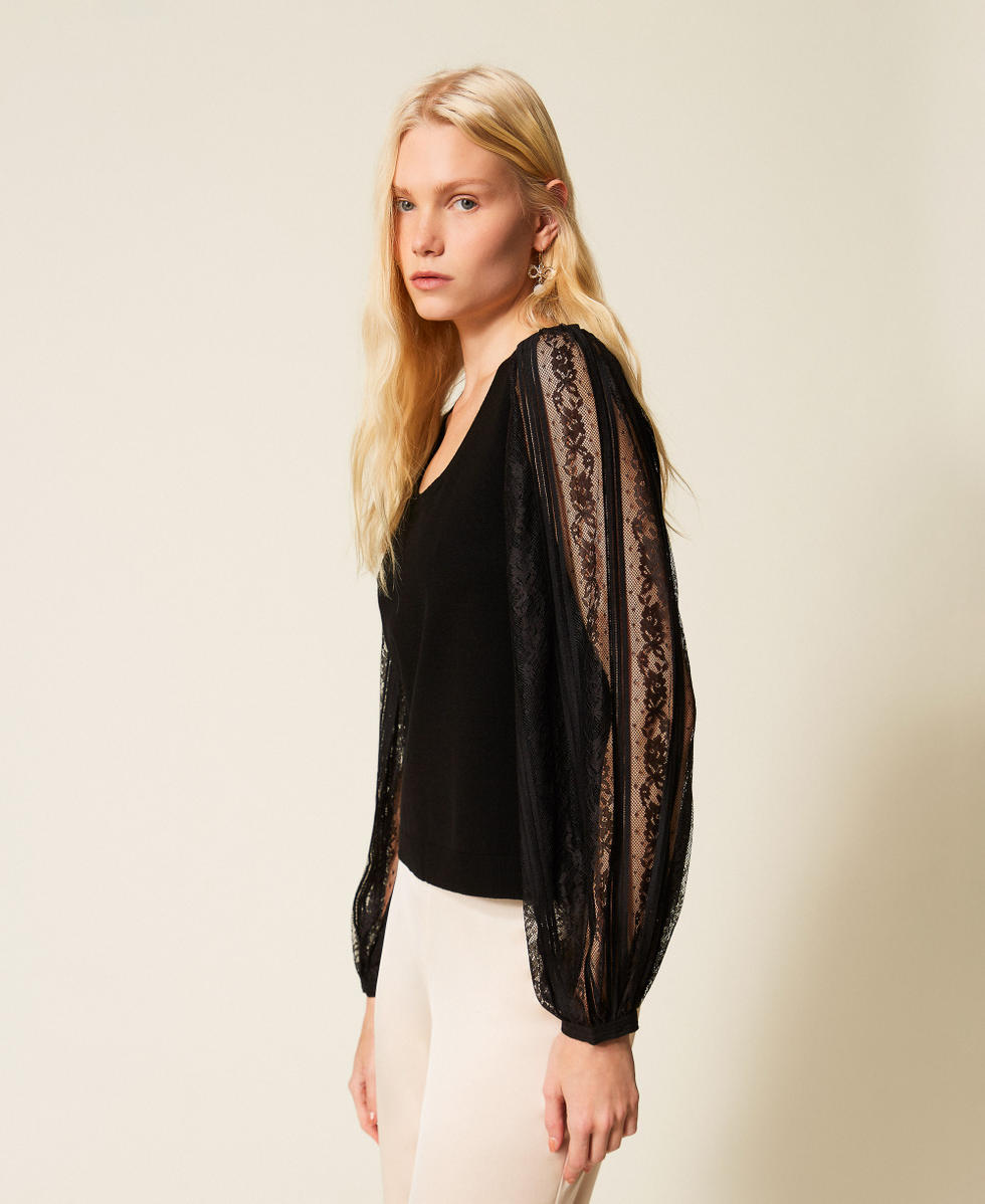 Pullover mit &Auml;rmeln aus Spitze Schwarz Frau 261TP3432_00006_02