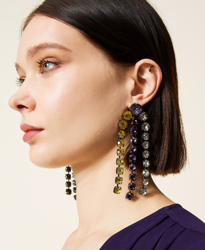 Earrings with rhinestone fringes Two-tone "Indigo" Purple / Neon Yellow Woman 222AA401H-0S