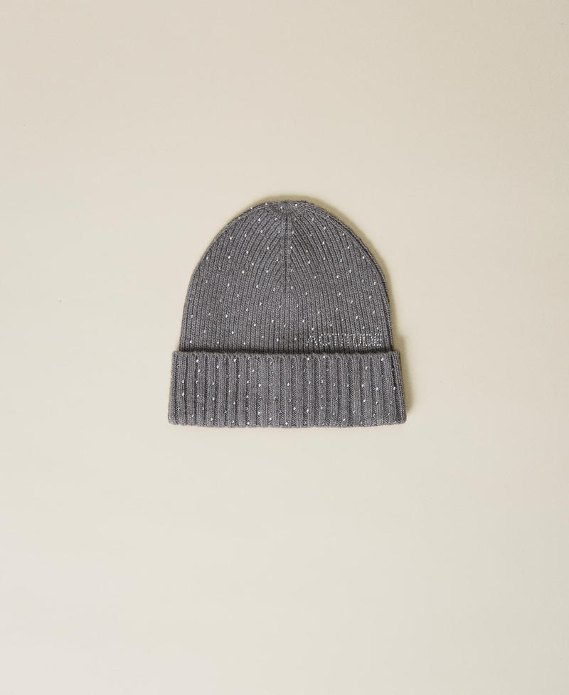 Knit beanie with rhinestones all over Light Gray Mélange Woman 222AA406B_0082C_01