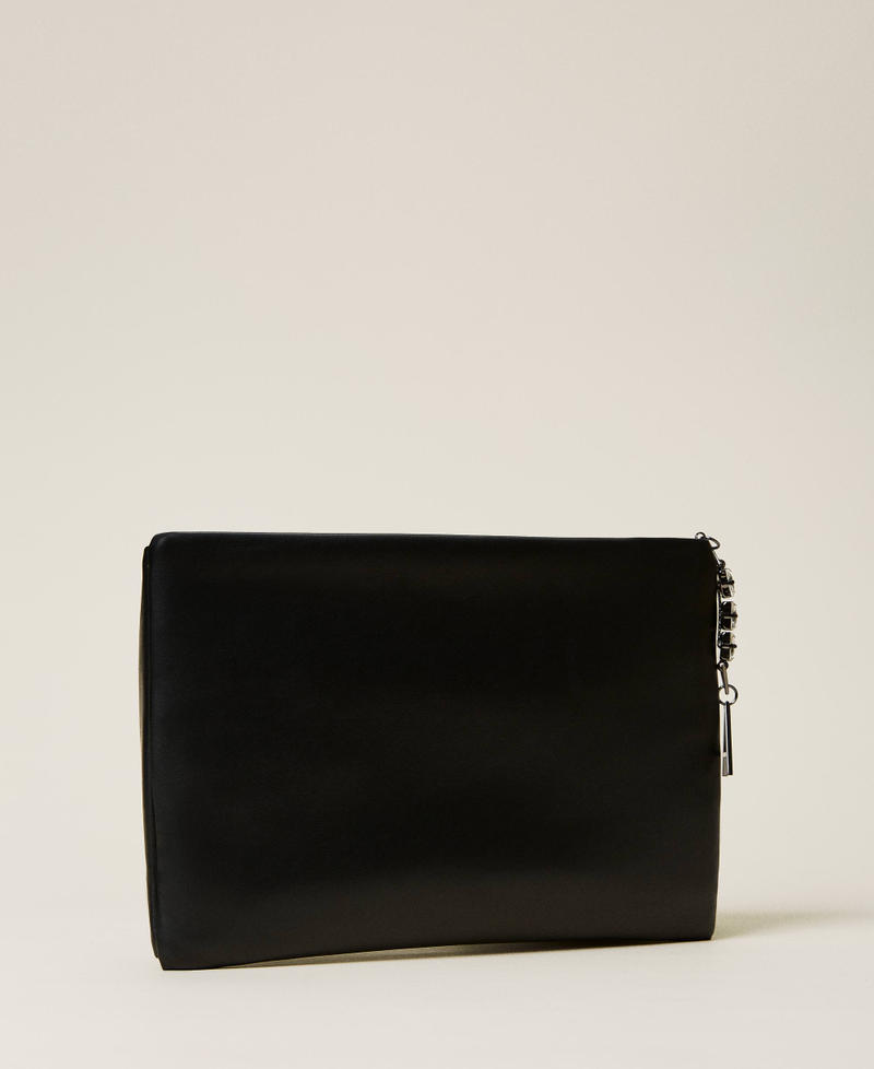 Pochette Da Sera In Raso Con Fiocco E Catena - Borsa Plissettata Per Matrimoni E Feste - Colore Nero