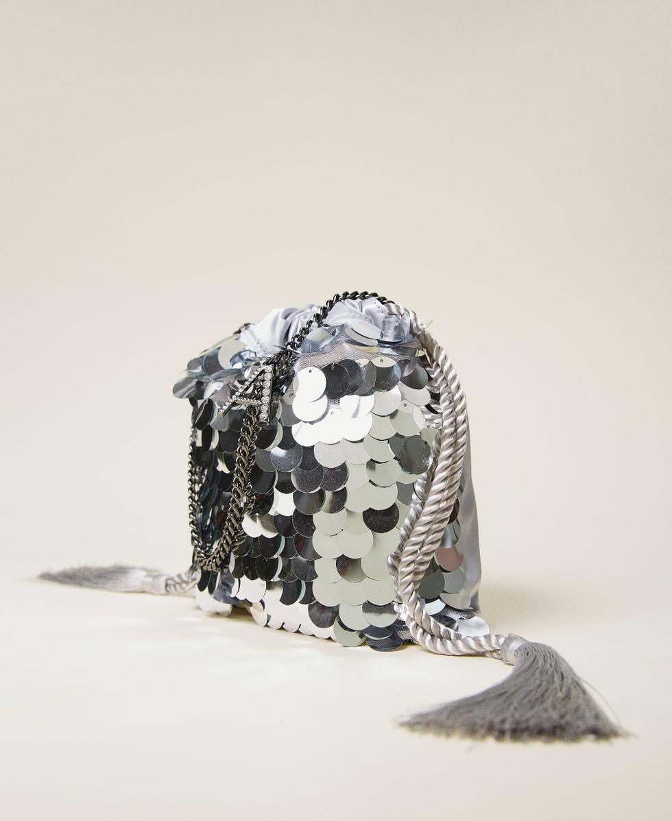 Satin bucket bag with sequins Woman Silver TWINSET Milano