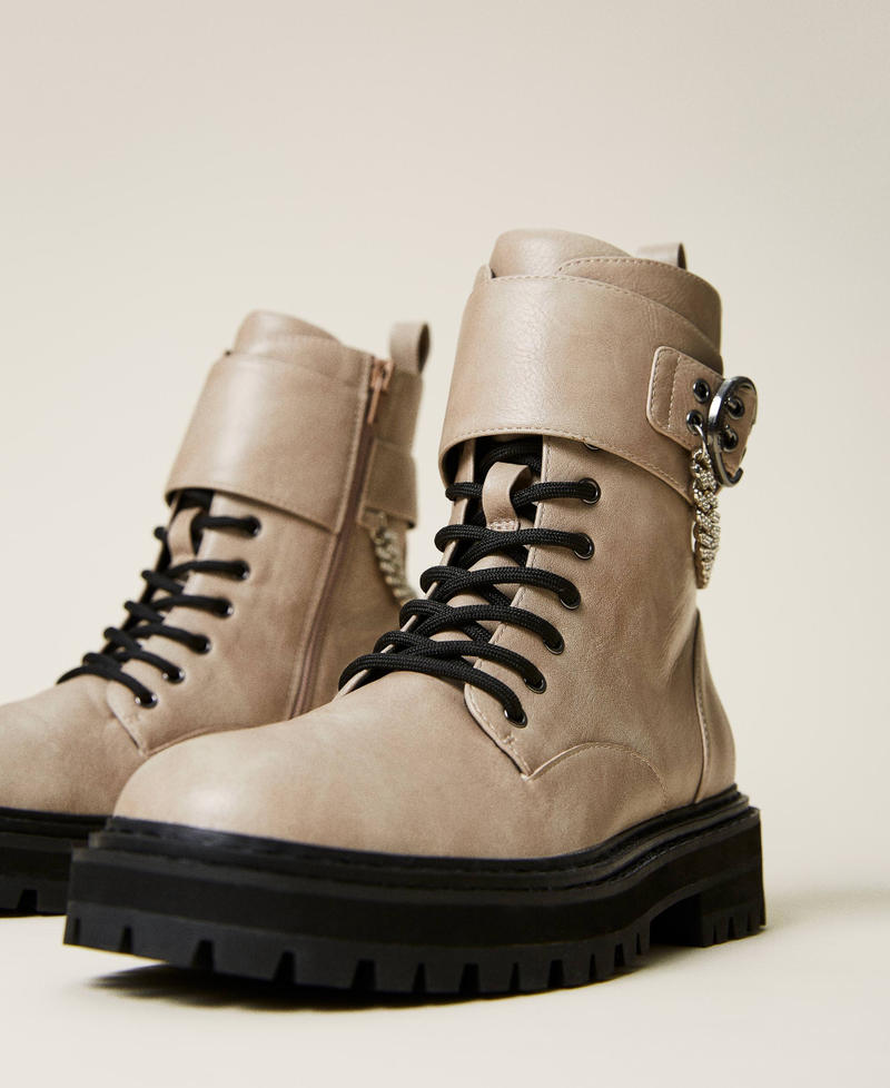 Leather-like combat boots with chain "Parchment" Beige Woman 222ACP092_07222_01