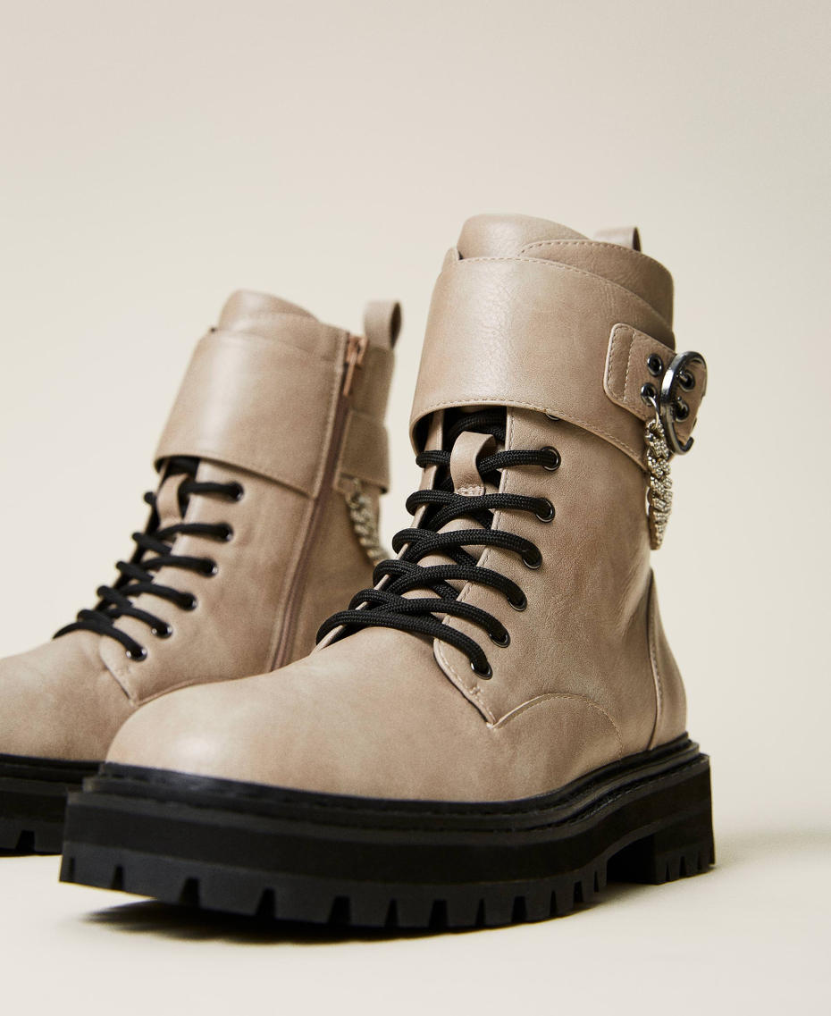 Leather-like combat boots with chain "Parchment" Beige Woman 222ACP092-01