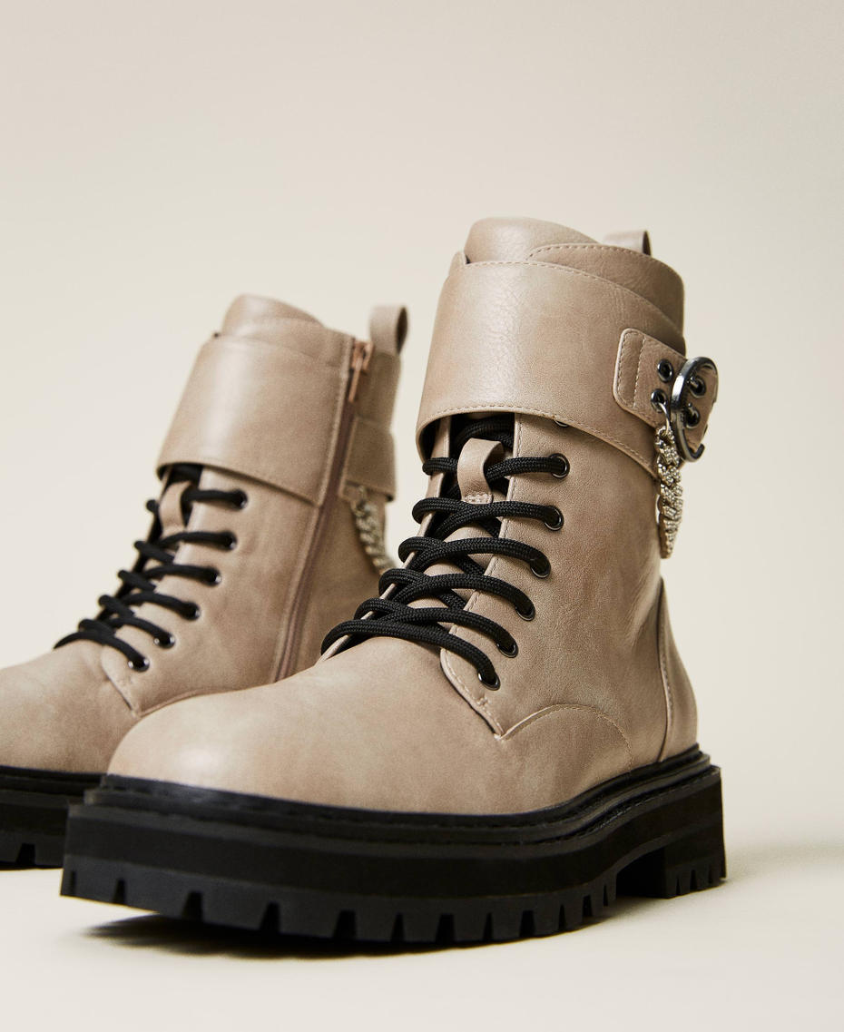 Leather-like combat boots with chain "Parchment" Beige Woman 222ACP092_07222_01