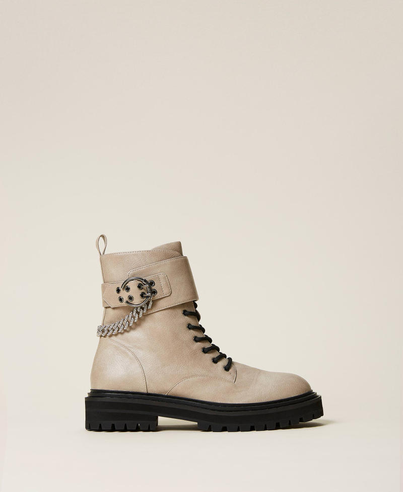 Leather-like combat boots with chain "Parchment" Beige Woman 222ACP092_07222_03