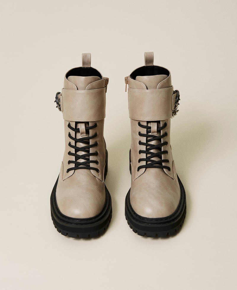 Leather-like combat boots with chain "Parchment" Beige Woman 222ACP092_07222_05