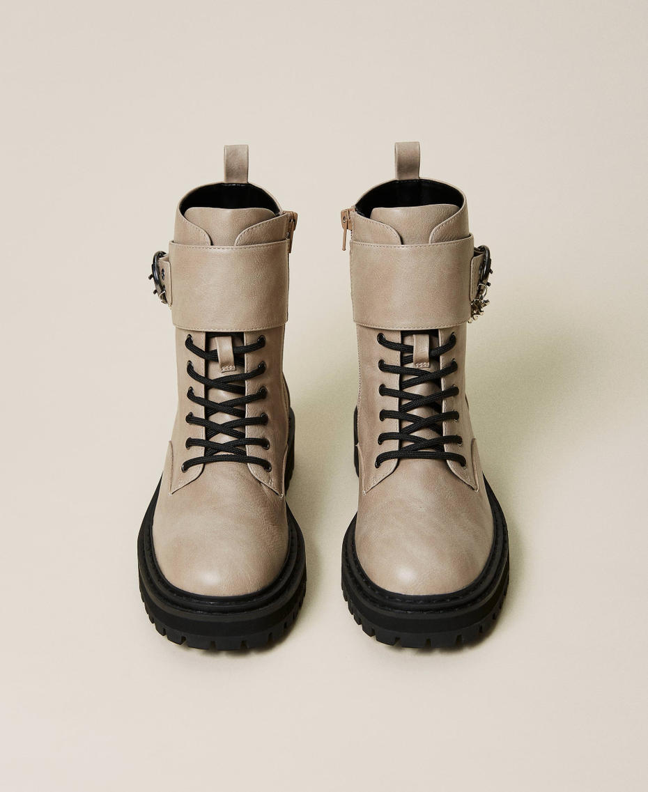 Leather-like combat boots with chain "Parchment" Beige Woman 222ACP092-05