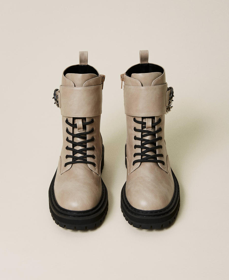 Leather-like combat boots with chain "Parchment" Beige Woman 222ACP092_07222_05