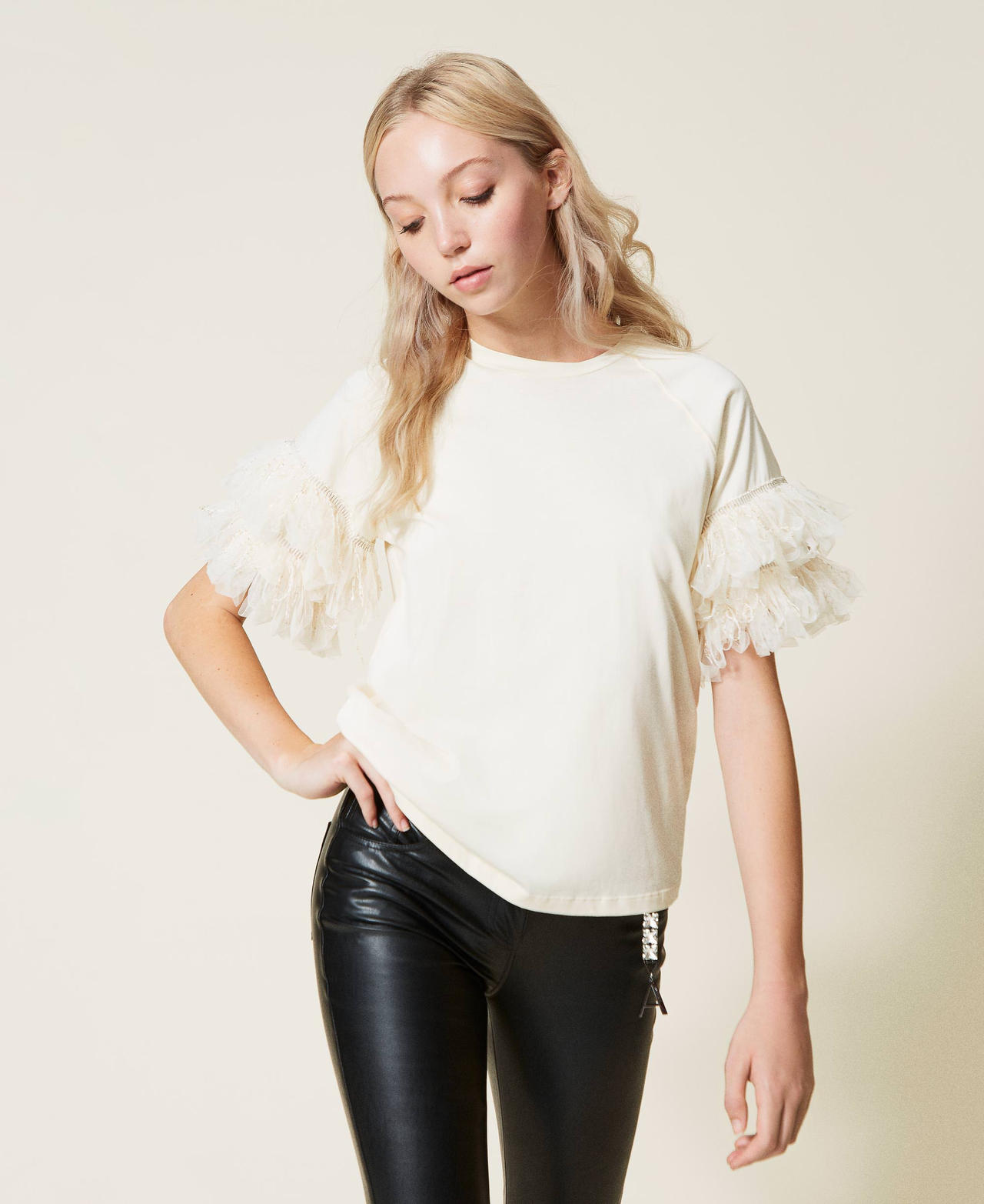 Camiseta con volantes de tul y lentejuelas Beige "Parchment" Mujer 222AP2014-02