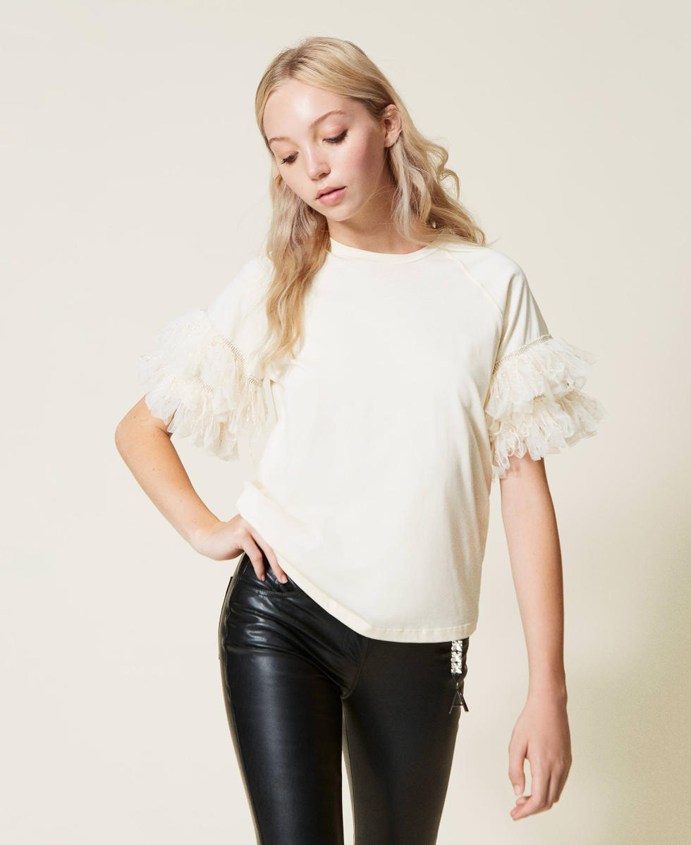 Camiseta con volantes de tul y lentejuelas Mujer Beige TWINSET