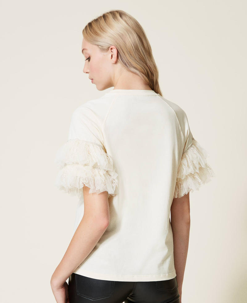 Camiseta con volantes de tul y lentejuelas Beige "Parchment" Mujer 222AP2014-03