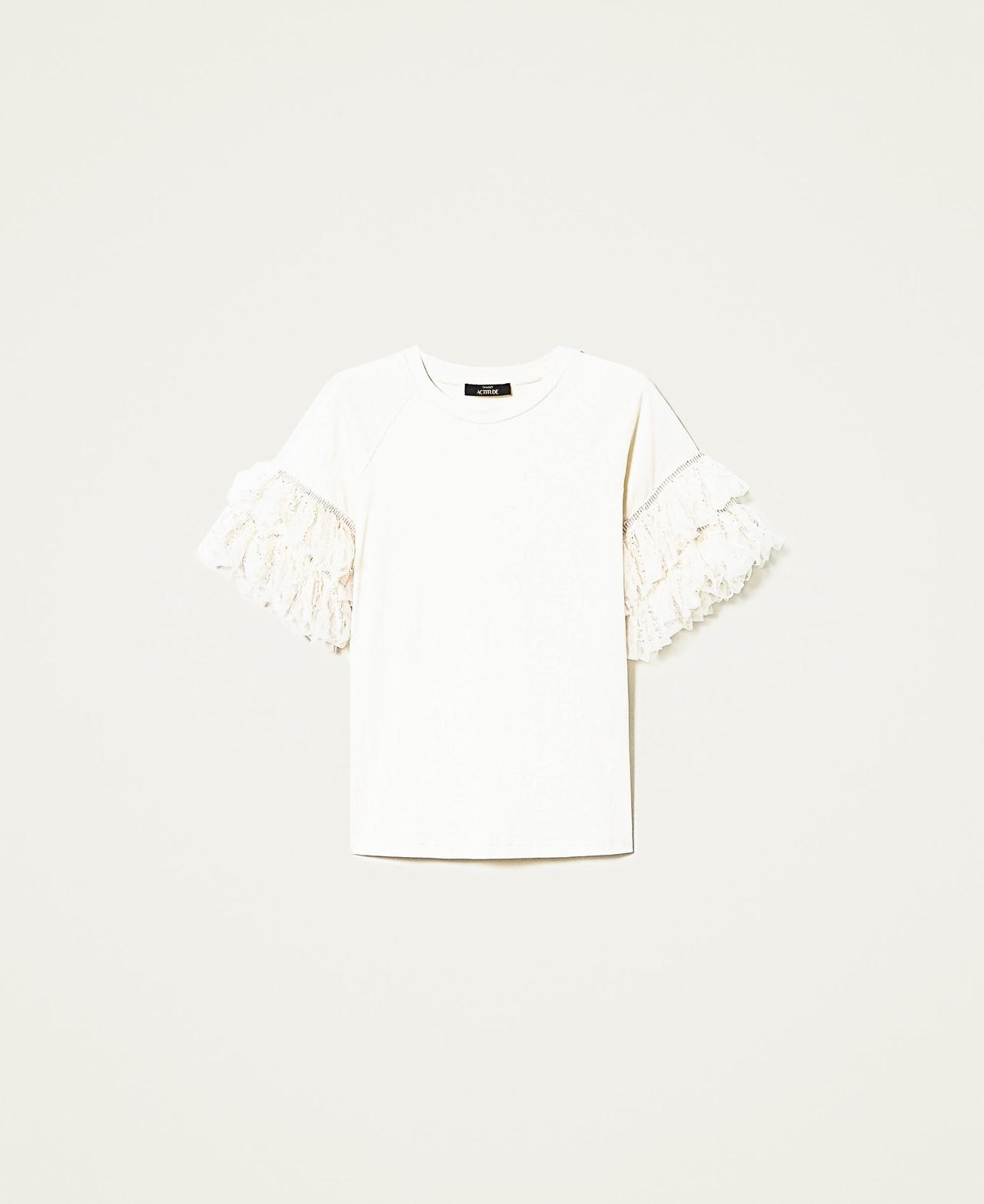 T-Shirt mit Tüllvolants und Pailletten „Parchment“-Beige Frau 222AP2014-0S