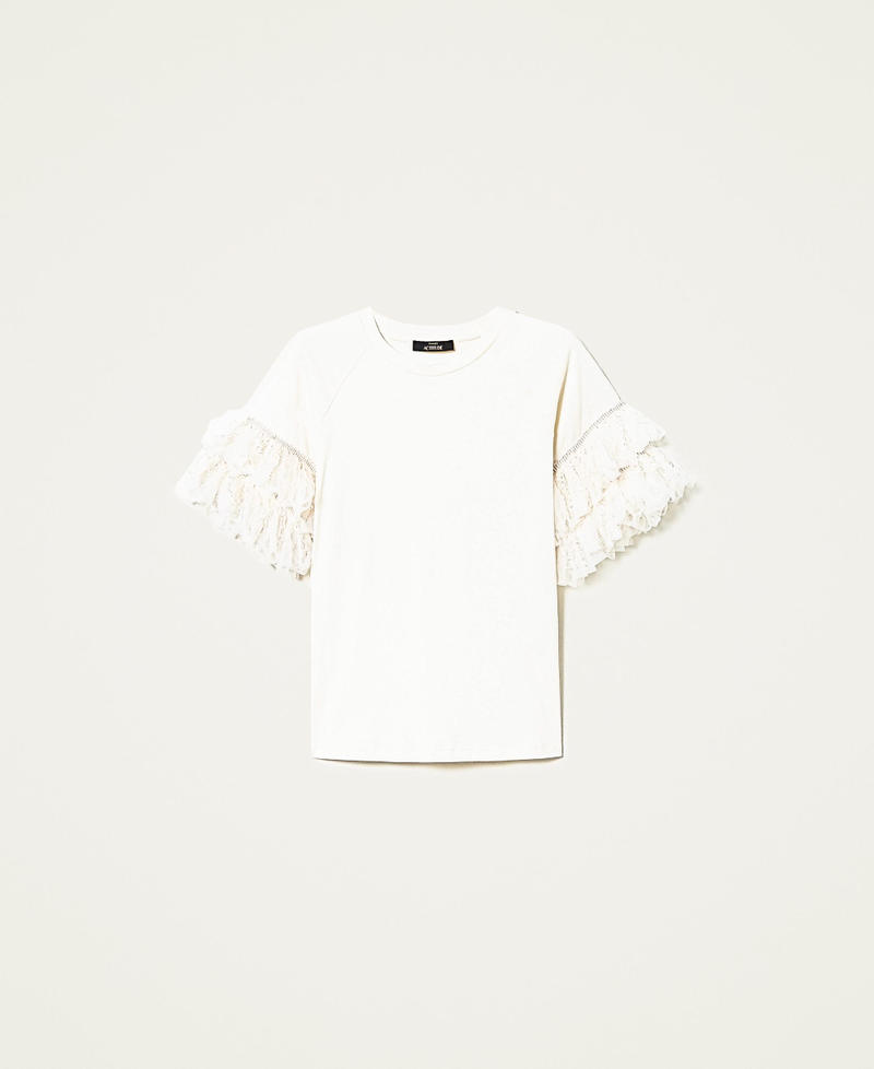Camiseta con volantes de tul y lentejuelas Beige "Parchment" Mujer 222AP2014-0S