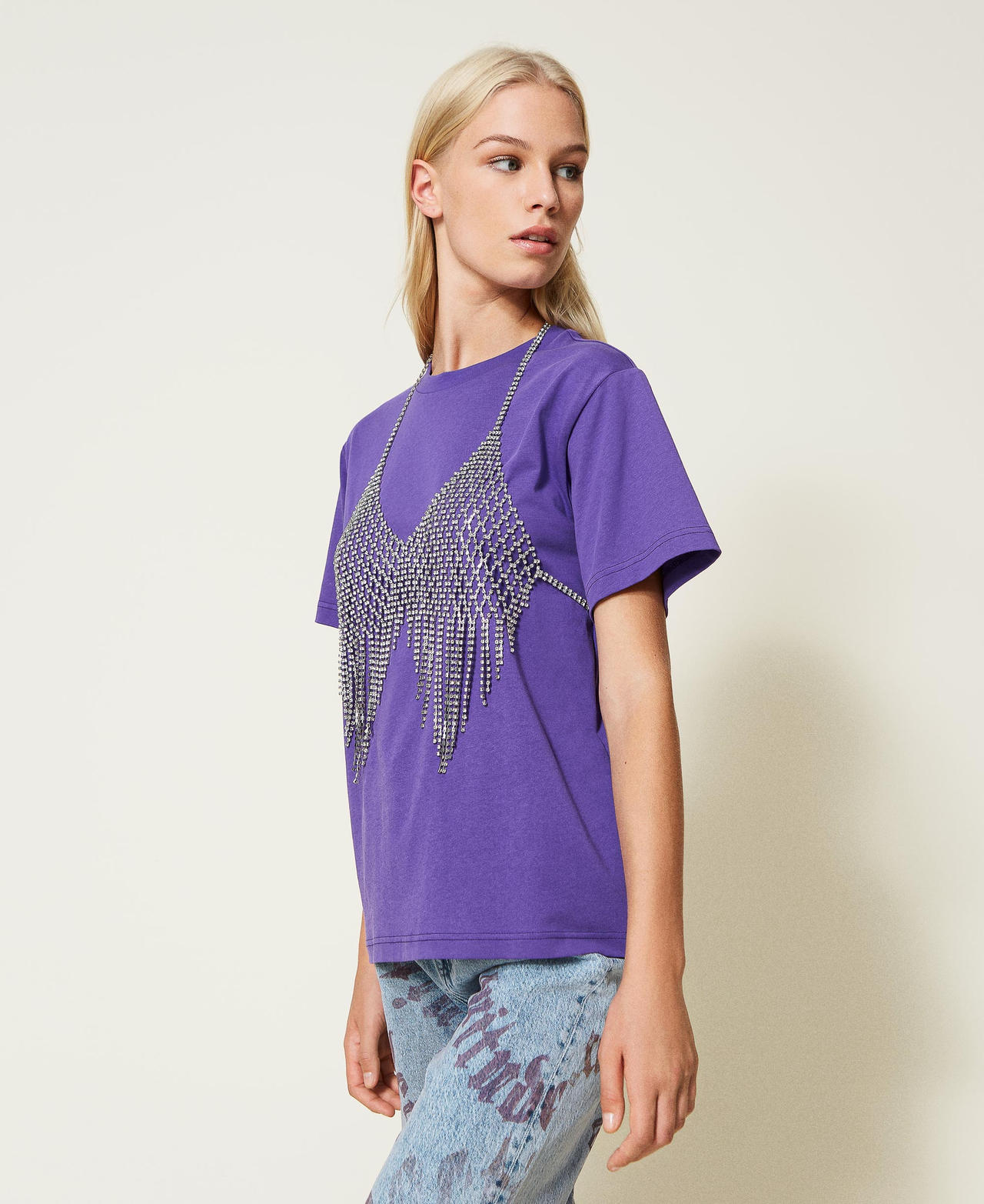 T-shirt con top in strass Donna, Viola | TWINSET Milano