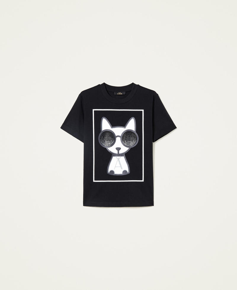 T-shirt boxy avec imprimé et strass Noir Femme 222AP2045-0S